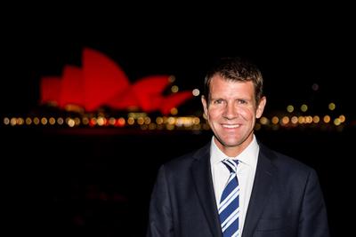 NSW Premier Mike Baird and a red Sydney Opera House (Photo credit: James Horan)