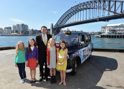 Matilda's announced in Sydney - Minister for Trade, Tourism and Major Events Stuart Ayres and Matilda's from left to right - Georgia Taplin, Bella Thomas, Sasha Rose and Molly Barwick. Credit James Morgan, Destination NSW, Matilda The Musical.