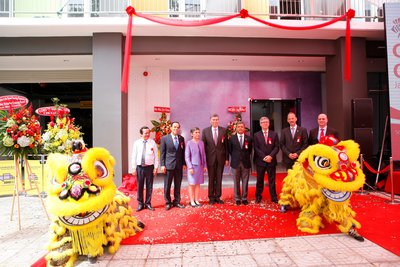 Left to right: Mr Huynh Thanh Khiet, Deputy Director of the Department of Labour; Mr Pham Ngoc Thanh, Deputy Director of the Department of Education & Training; Mme Beatrice Maser Mallor, Swiss Ambassador; Mr Alain Cany, Jardine Matheson Country Chairman; Mr Jujudhan Jena, Chief Executive of Jardine Schindler Group; Mr Ian Gibbons, British Consul General; Mr Othmar Hardegger, Swiss Consul General; Mr Raul Carbajal, General Director of Schindler Vietnam Limited attended the opening ceremony.