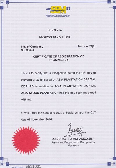 亚洲种植园资本公司从Suruhanjaya Syarikat Malaysia (SSM)拿到的证书