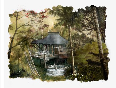 豪华帐篷式别墅度假村的水彩画