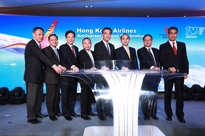 Mr. Wang Liya, Professor Anthony Cheung, Mr. Lin Wu, Mr. Mung Kin Keung, Mr. C Y Leung, Mr. Zhang Kui, Mr. Hu Jianzhong, Mr. Tang King Shing hosted the Take-off ceremony of Hong Kong Airlines 10th Anniversary Grand Celebration.