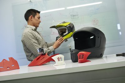 Motorcycle helmet prototypes produced on the F370 3D Printer at the Center for Advanced Design being tested for design validation