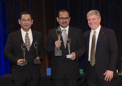 Representatives of Telkom Indonesia and Michael Gallagher, president and founder of the Stevie Awards at the 2016 Asia-Pacific Stevie Awards ceremony. Telkom Indonesia won the Grand Stevie for Organization of the Year in this year's competition for the third year in row.