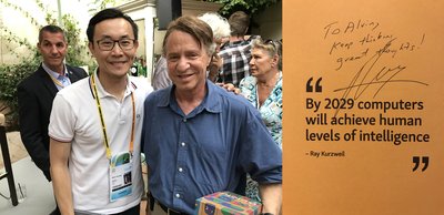 奇点大学校长Ray Kurzweil与phd合作的”Merge”新书与纪录片项目，江志强受该项目采访同时致赠Gululu予Ray Kurzweil