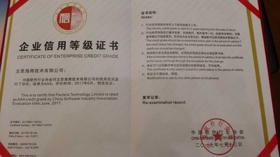 文思海辉获得中软协企业信用最高等级“AAA”认证