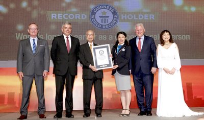 Joe Sun was officially awarded the certificate by adjudicator of the Guinness World Records on August 2, 2017. Present at the ceremony were Michael Huddart, Executive Vice President and General Manager for Greater China and Emerging Markets, Manulife (second from right); Guy Mills, Chief Executive Officer, Manulife Hong Kong (second from left); Lawrence Nutting, Chief Distribution Officer, Manulife Hong Kong (first from left); and Kareen Chow, Chief Agency Officer, Manulife Hong Kong (first from right).