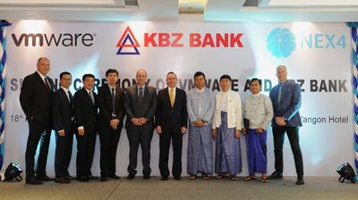 His Excellency, Mr Scot Marciel (middle) with executives from KBZ Bank, VMware and Nex4 during today’s signing ceremony.