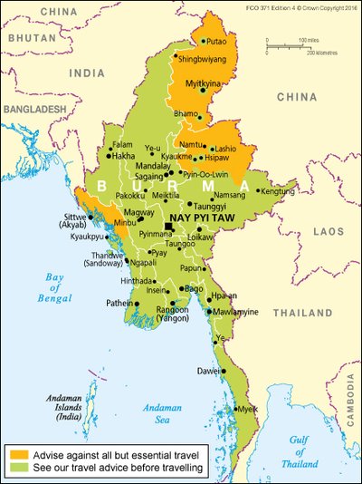 Map UK Travel advice on Myanmar