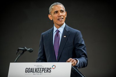 当地时间9月20日，美国前总统奥巴马在盖茨基金会主办的首届“目标守卫者”论坛发表演讲