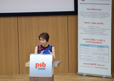 Ms Low Yen Ling, Senior Parliamentary Secretary, Ministry of Trade and Industry and Ministry of Education, addresses the delegates at the SAPE Annual Conference 2017 at PSB Academy’s City Campus.