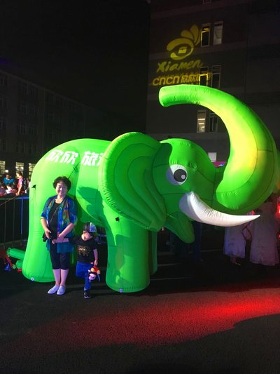 市民在欣欣旅游绿色大象面前合影