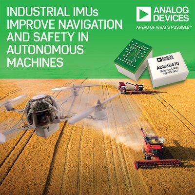 Analog Devices, Inc. (ADI)發表五款高性能慣性量測單元（IMU），滿足多個新興市場工業應用中自主式機器導航與安全相關需求，同時降低系統複雜度和成本。