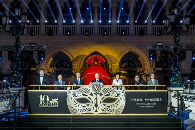 Guests of honour officiate the 10th anniversary celebration for The Venetian Macao Monday at the integrated resort's outdoor lagoon. Left to right: Patrick Dumont, executive vice president and chief financial officer of Las Vegas Sands Corp.; Alexis Tam Chon Weng, secretary for Social Affairs and Culture of the Macao Special Administrative Region; Yao Jian, vice director of the Liaison Office of the Central People's Government in the Macao Special Administrative Region; Edmund Ho, vice chairman of the Natio