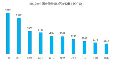 2017年中国大陆各省份民宿数量（TOP 10）