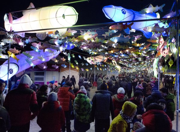 这张2017年资料照片显示访客观赏在韩国麟蹄郡举行的麟蹄冰鱼节