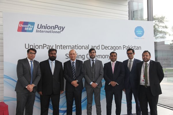 Mr. Shuan Ghaidan (3rd left), Director of Products of UnionPay International and Mr. Aziz Kassamali (4th left), Chairman Decagon signed the agreement.