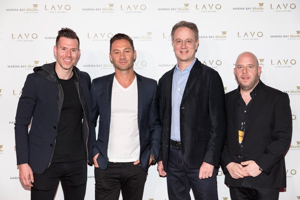 From L-R: Patrick Lang, Vice President for Global Restaurant and Nightlife Development, Las Vegas Sands; Jason Strauss, Co-Founder, TAO Group; George Tanasijevich, President and Chief Executive Officer, Marina Bay Sands; Noah Tepperberg, Co-Founder, TAO Group, at LAVO Singapore opening party, Day 1