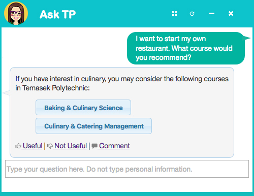 AskTP's natural language capabilities means that it is able to understand the context of starting a restaurant and link it to relevant culinary courses offered by the school