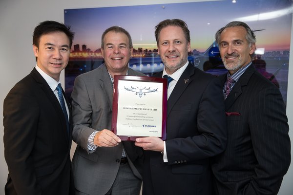 Left, Mr Louis Leong, Vice President Asia, Hawker Pacific Asia; Mr Doug Park, Chief Operating Officer Asia Pacific, Hawker Pacific; Mr Johann Bordais, President and CEO Services and Support for Embraer; Mr Michael T. Amalfitano, President and CEO, Embraer Executive Jets