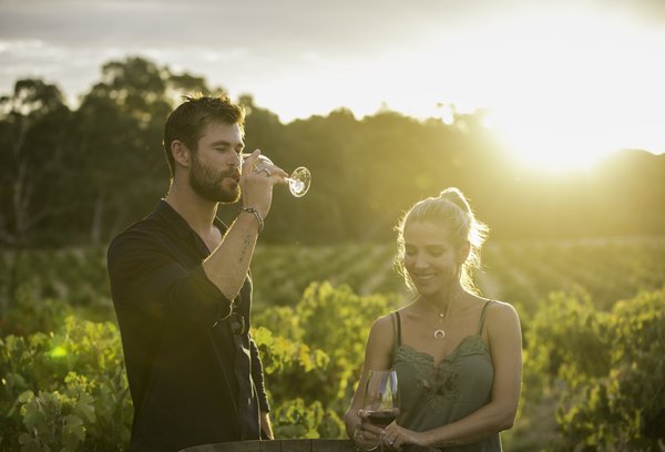 Chris Hemsworth and Elsa Pataky  enjoying a glass of Jacob's Creek Double Barrel  among the vineyard in the Barossa. Photo credit: Cristian Prieto