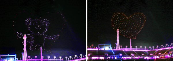 英特尔Shooting Star无人机在空中拼出立体的爱心图案，向奥运会健儿表达感谢和喜爱。