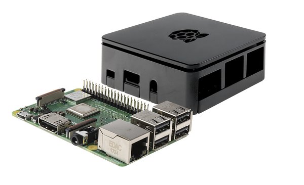 The latest Raspberry Pi computer board: Raspberry Pi 3 Model B+ and the official Raspberry Pi case.
