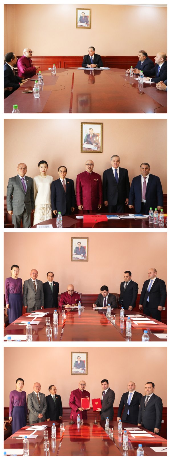 Figure 1: Dato’ Sri Baima Aose meeting with Sirojidin Aslov, Minister of Foreign Affairs of Tajikistan. Figure 2: A group photo of Dato’ Sri Baima Aose and delegation, Sirojidin Aslov, Minister of Foreign Affairs of Tajikistan, and Hasan Asadullozoda the Chair of Orienbank. Figure 3-4: Dato’ Sri Baima Aose signed a mulit-party agreement for partnership of the Conference with the head of Legal Department of Ministry of Foreign Affairs of Tajikistan