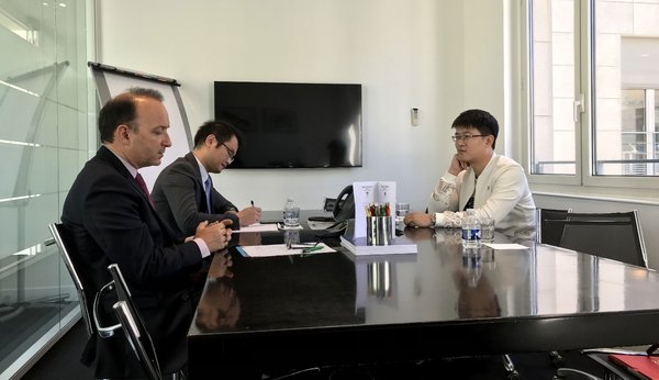 Mr. Stephane Braconnier Senior Counsel of Bird & Bird and Head of Law Faculty of University Paris Pantheon Assas (left) with Mr. Jerome Ang Chairman of The Belt and Road Fintech Development Centre (right) having a business meeting in Bird & Bird's Paris Headquarters