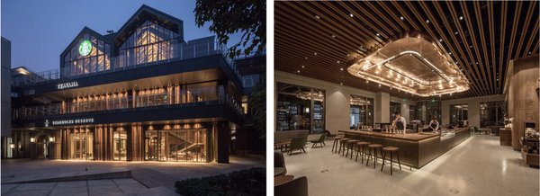左：全新星巴克臻选北京坊旗舰店 右：臻选咖啡吧台位于门店一层
