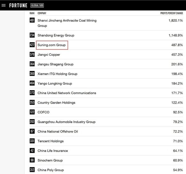 Suning.com ranked No.3 among Chinese companies regarding profit growth