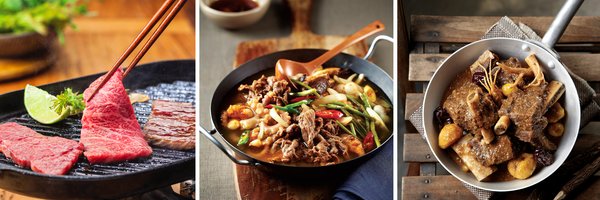 from left, Grilled Hanwoo sirloin, Hanwoo and octopus stew, Braised Hanwoo ribs