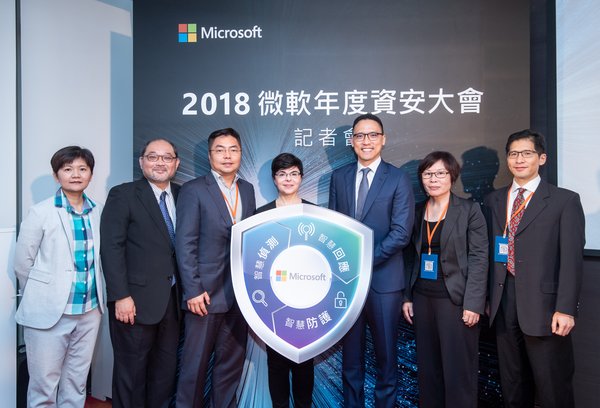 Microsoft Taiwan Cybersecurity Summit 2018. (From right to left) Lawrence Wong, KPMG Executive Consultant, Fu-Mei Wu, Director of Cyber Security of Investigation Bureau Dept., Ministry of Justice, Ken Sun, General Manager of Microsoft Taiwan, Diana Kelley, Cybersecurity Field CTO, Microsoft, Vincent Shih, CELA Lead of Microsoft Taiwan, Chi-Min Yu, Associate Professor, School of Law, Soochow University, and Grace Chou, Microsoft 365 BG Lead of Microsoft Taiwan