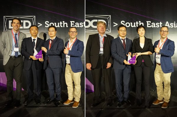 Tian Jun, Senior Project Manager of Network Development Department, China Unicom, Zoe Zhuang, Vice President & General Manager of Management Centre, Chindata and Charles Li, President of Marketing Operation, Huawei Network Energy Product Line receive awards from DCD.