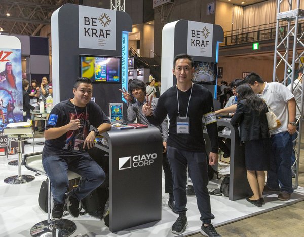 CEO of CIAYO Corp, Borton Liew, Comic Editor in Chief, Herrad Syahfrian, and CTO of CIAYO Corp, Victor Permadi in CIAYO Corp booth at Tokyo Game Show 2017