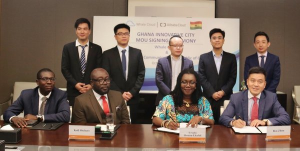 Ben Zhou, CEO international of Whale Cloud, and Mrs. Ursula Owusu Ekuful, communications minister of the Republic of Ghana, signed the Ghana innovation city MoU