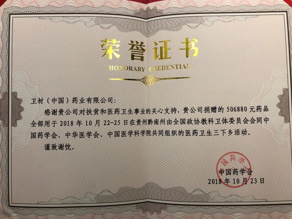 卫材（中国）药业有限公司“卫生三下乡”活动捐赠证书