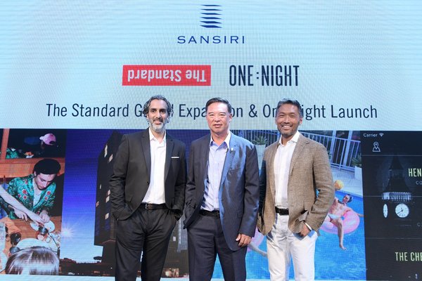 Apichart Chutrakul (Center), Chief Executive Officer, Sansiri Public Company Limited, Amar Lalvani (Left), Chief Executive Officer, Standard International and Jimmy Suh (Right), President and Co-founder of One Night jointly announced  The Standard Hotels global expansion plans and Asia’s first launch of the One Night spontaneous hotel booking app in Bangkok.