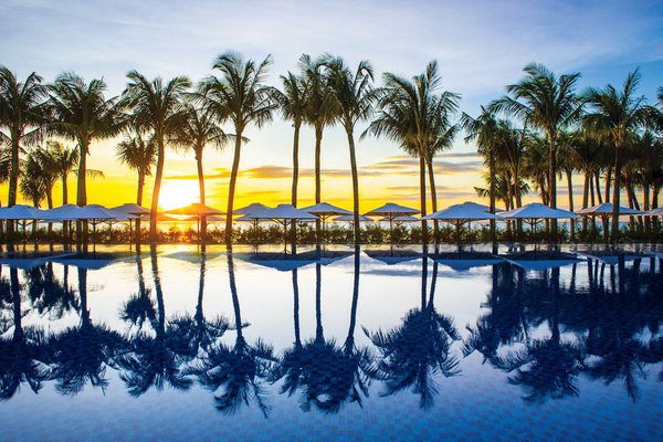 The view over romantic sunset from the Salinda swimming pool.