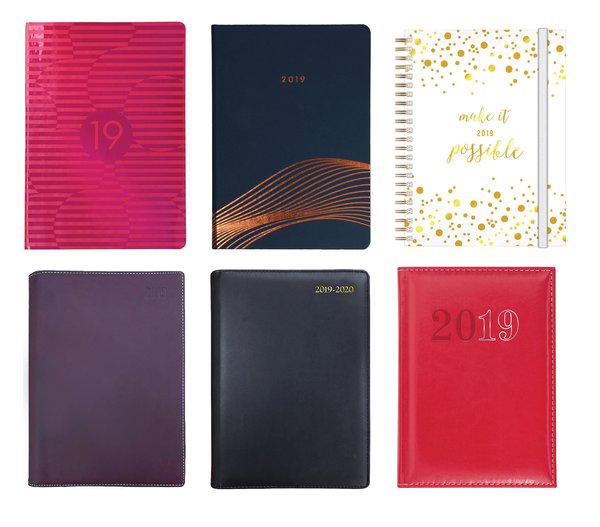 Collins Debden 2019 Diary Collection (clockwise from top left: Brilliance, Vanguard, Lifestyle, Chelsea, Elite Executive Diary, Associate II)