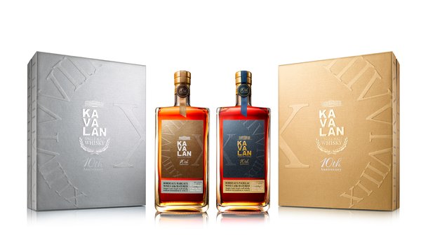Kavalan 10th Anniversary Limited Editions, Kavalan Bordeaux Margaux and Kavalan Bordeaux Pauillac, fit together to complete the Roman numeral 'X' with a stylised passage of time running in an arc across their designs