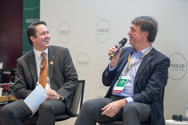 Peter Zemsky (left), INSEAD Deputy Dean and Dean of Innovation, with Andre Hoffmann MBA’90D, Vice Chairman of Roche Holdings, at The Force for Good Conference on 5 October 2018.