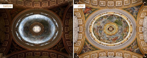 圣彼得大教堂圆穹照明前后对比（图片来源：ARCHIVIO FOTOGRAFICO FABBRICA DI SAN PIETRO）