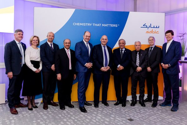 SABIC Chairman, Dr. Abdulaziz Al-Jarbou, and Vice Chairman & CEO Yousef Al-Benyan, with representatives from customers Unilever and Vinventions, and supplier Plastic Energy at the launch of SABIC’s certified circular polymers