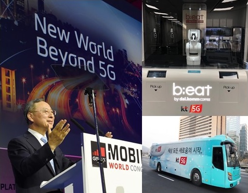 韩国电信董事长黄昌圭（左图）在2019年1月达沃斯世界经济论坛上作介绍。全球首家5G咖啡厅见右上图，右下图是世界上第一台5G公交车