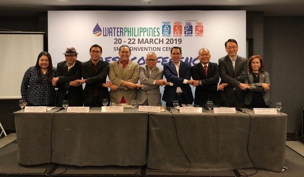 From left: Ms Vicky Tan of UBM; Engr William Juan, President of Philippine Integrated Society of Master Plumbing; Engr Franz Ramos of Philippine Society of Sanitary Engineers; Mr Edgar Lopez of PWWA;  Atty Vicente Joyas, President of Philippine Water Works Association; Mr Alexander Ablaza, President of Philippine Energy Efficiency Alliance; Mr Erel Narida, President of Renewable Energy Association of the Philippines; Mr Dexter Deyto, GM of UBM and Ms Neneth Javier of PWWA.