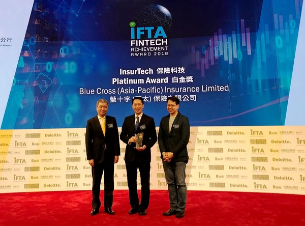 藍十字執行董事尹志德先生（中）於IFTA金融科技成就大獎2018 典禮代表公司接受「保險科技白金獎」。