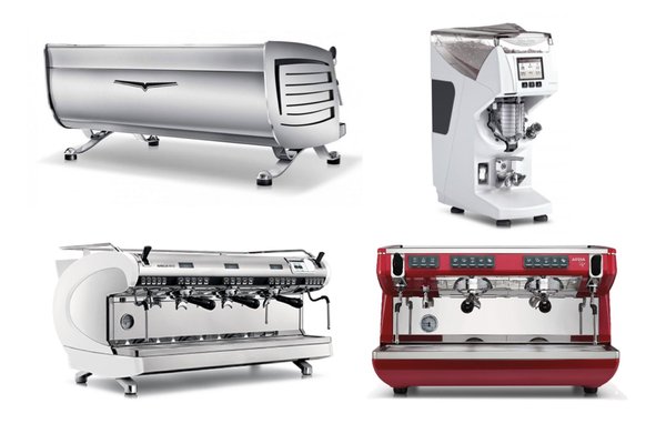 图片为Simonelli集团产品设备，产品名称如下：Nuova Simonelli Aurelia Wave（左上）Victoria Arduino Mythos 2 Grinder（右上）Nuova Simonelli Appia 2（左下）Nuova Simonelli Prontobar Touch（右下）