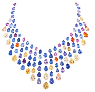 Multicolour sapphire necklace layout from Paul Wild OHG. The sapphires have a total carat weight of 154.25