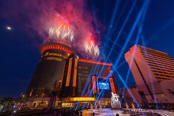 A remix of The No. 1 hit single “This Is Me” from the award-winning film “The Greatest Showman” plays as a pyrotechnic display helps celebrate the 15th anniversary of Sands Macao at a ceremony Thursday at the hotel and entertainment complex.